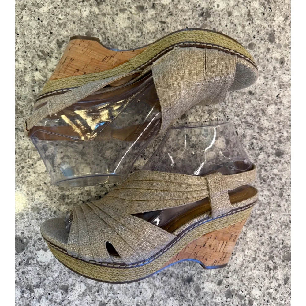 Naturalizer Womens Tan Linen Shimmer Cork Espadrille Wedge Sandals Peep Toe 4in
